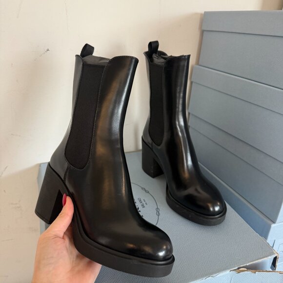 NWT Prada Ankle Boots Black Leather Slip-On Chunky Bock Heels Sz 35.5 - Picture 7 of 12